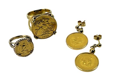 Lot 258 - Pair of Australian Nugget Drop Earrings & Two Gold Sovereign Rings.