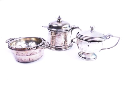 Lot 252 - Sterling Silver Mustard Pots and Tea Strainer with Rest.